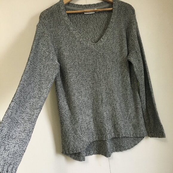 NWOT Grey Knit Drop Tail Hem Sweater With Acid Yellow Elbow Patches - Picture 5 of 16
